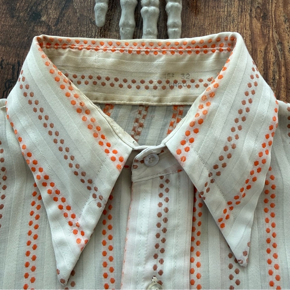 Vintage 60s 70s Semi Sheer Dagger Collar S/S Striped Button Down ~ Size Medium - Picture 7 of 9